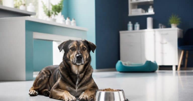 Chien calme près de sa gamelle dans un environnement clinique épuré