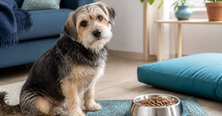 Chien assis près de sa gamelle de croquettes, ambiance intérieure claire