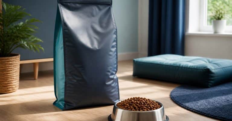Grand sac de croquettes et gamelle bien remplie, ambiance intérieure rangée