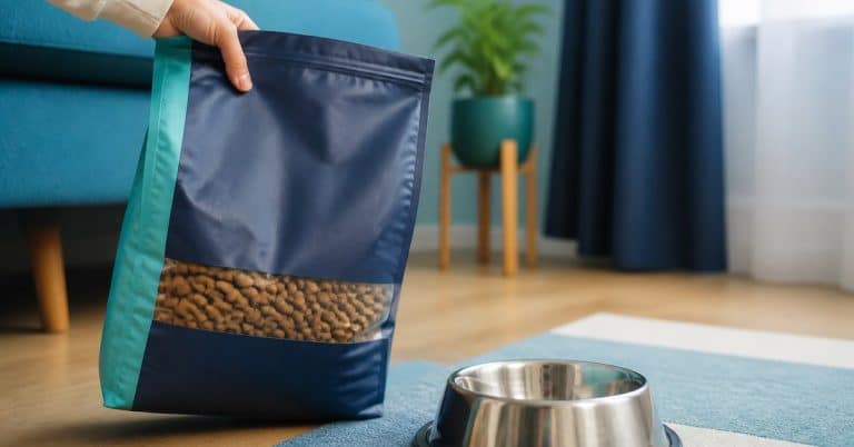 Lecture de l'étiquette d'un sac de croquettes près d'une gamelle pour chien