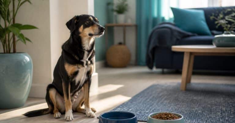 Chien assis près de deux gamelles distinctes, ambiance intérieure calme