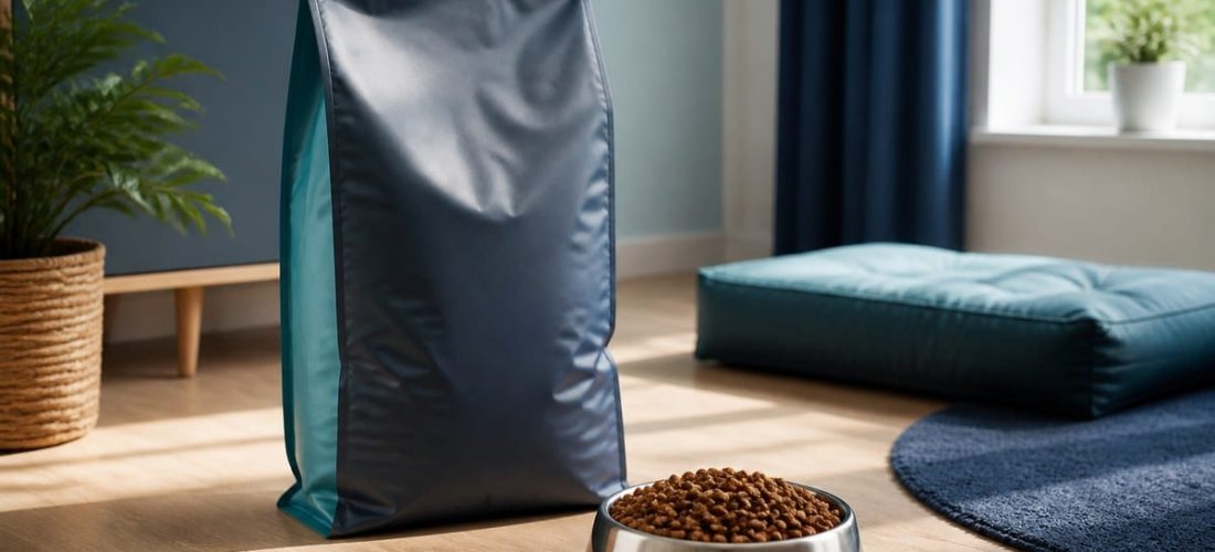 Grand sac de croquettes et gamelle bien remplie, ambiance intérieure rangée