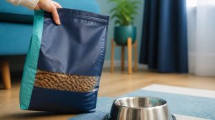 Lecture de l'étiquette d'un sac de croquettes près d'une gamelle pour chien