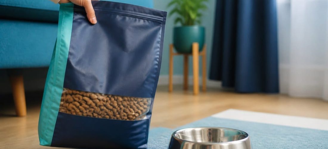 Lecture de l'étiquette d'un sac de croquettes près d'une gamelle pour chien