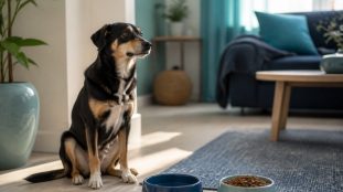 Chien assis près de deux gamelles distinctes, ambiance intérieure calme