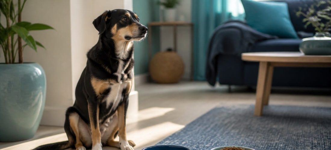 Chien assis près de deux gamelles distinctes, ambiance intérieure calme
